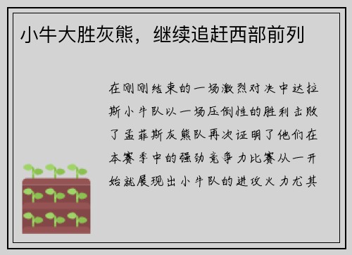 小牛大胜灰熊，继续追赶西部前列